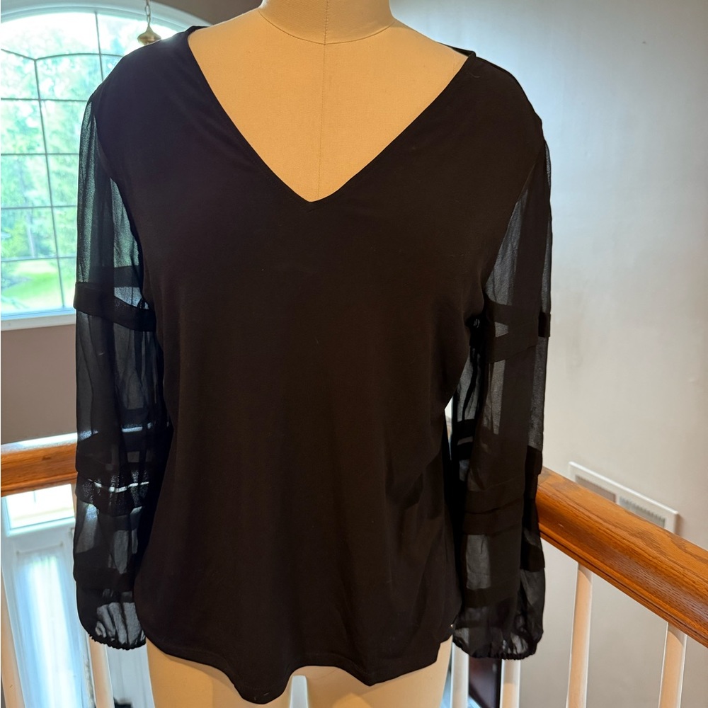 Calvin Klein- Elegant Black V-Neck Sheer Sleeve Top- SZ L
